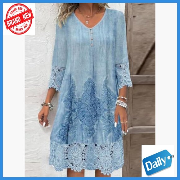 V-Neck 3/4 Sleeve A-Line Mini Dress Cotton Lace Embroidery Casual - Picture 2 of 5